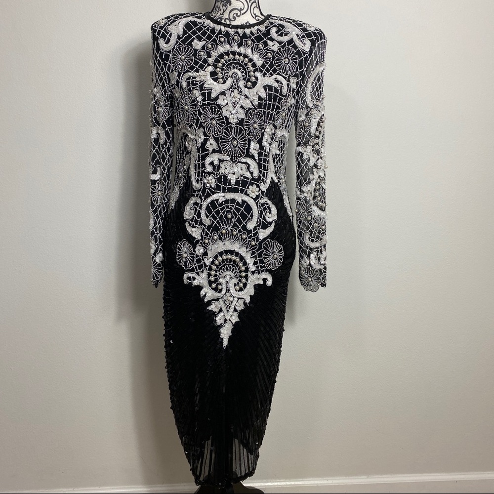 Vintage Negpal Silk Beaded Sequin Midi Dress S